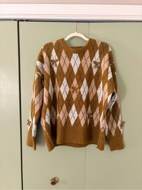 Anthropologie Women's Mustard Argyle Bow Sweater - Cozy Knit Pullover